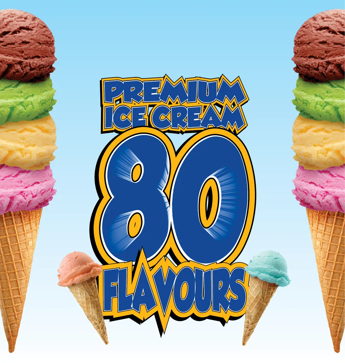 The 80 Flavours vehicle wrap: cone stacks flanking the logo on a sky-blue field